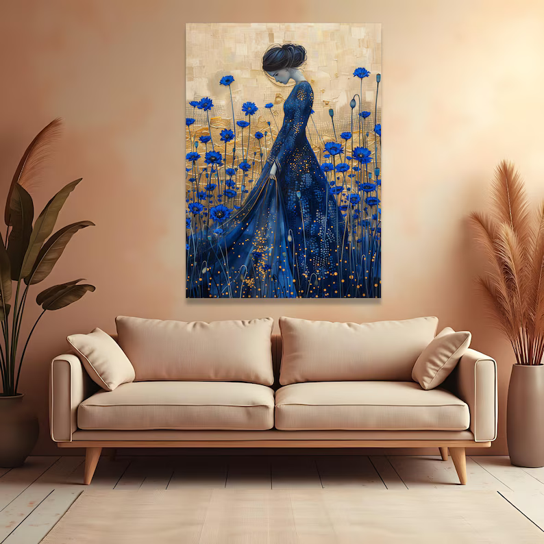 Blue Floral Woman Painting – Luxury Botanical Portrait Wall Art#yy710036