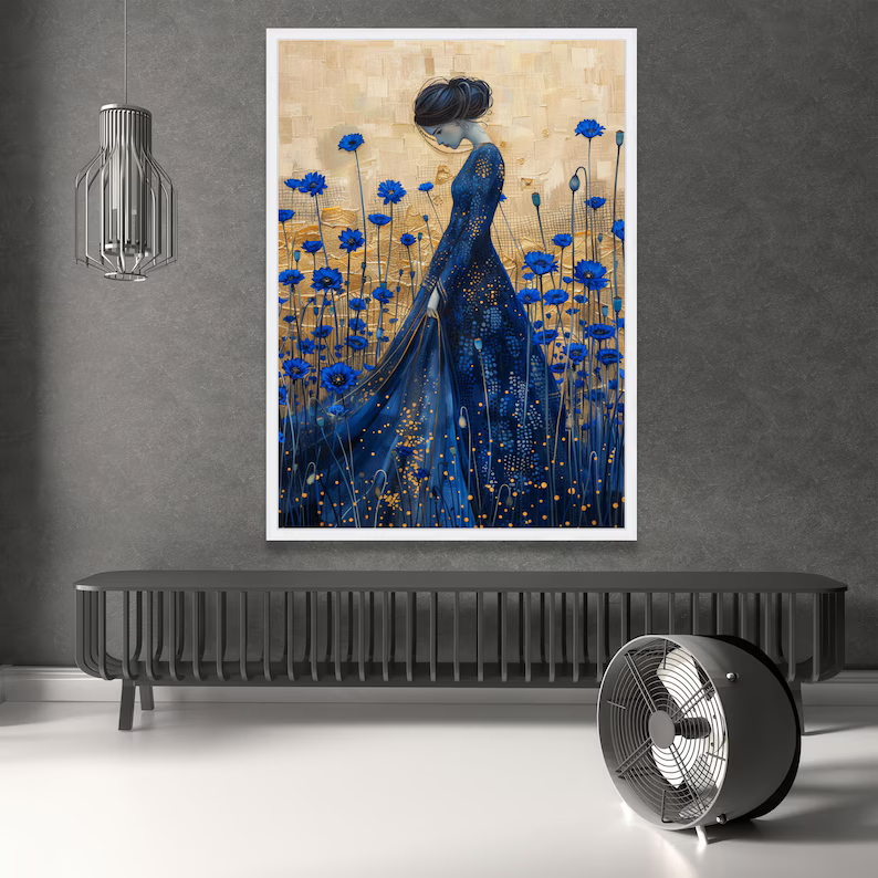 Blue Floral Woman Painting – Luxury Botanical Portrait Wall Art#yy710036