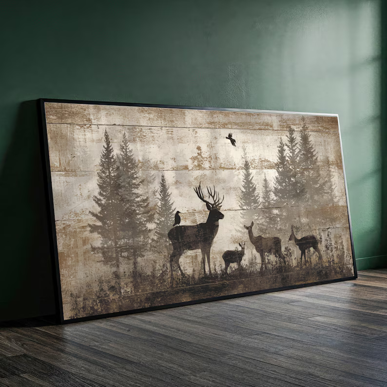 Deer Forest Painting – Rustic Wildlife Canvas Wall Art#yy710024