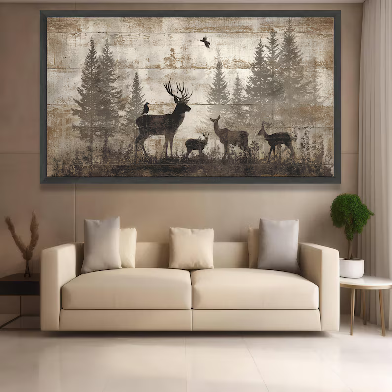 Deer Forest Painting – Rustic Wildlife Canvas Wall Art#yy710024