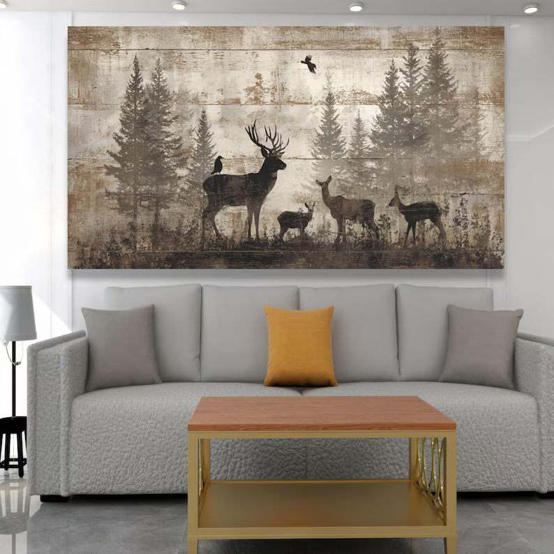 Deer Forest Painting – Rustic Wildlife Canvas Wall Art#yy710024