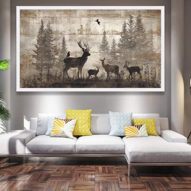 Deer Forest Painting – Rustic Wildlife Canvas Wall Art#yy710024