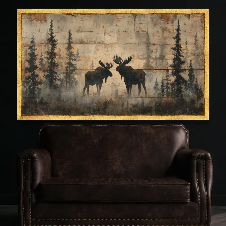 Moose Forest Painting – Rustic Wildlife Canvas Wall Art#yy710039
