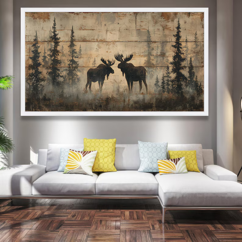 Moose Forest Painting – Rustic Wildlife Canvas Wall Art#yy710039