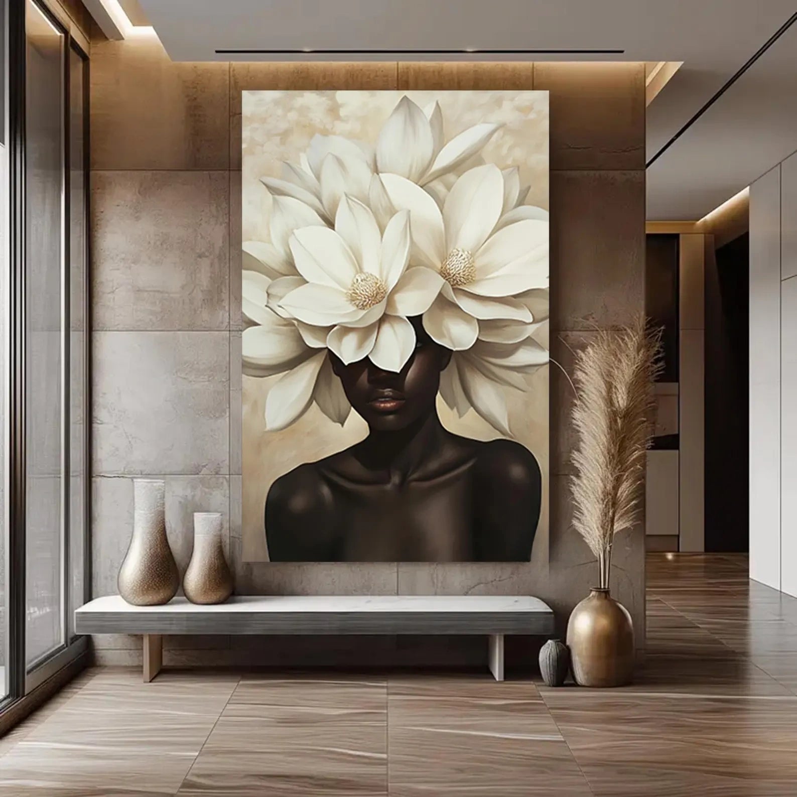 White Flower Woman Painting – Luxury Floral Portrait Wall Art#yy710046