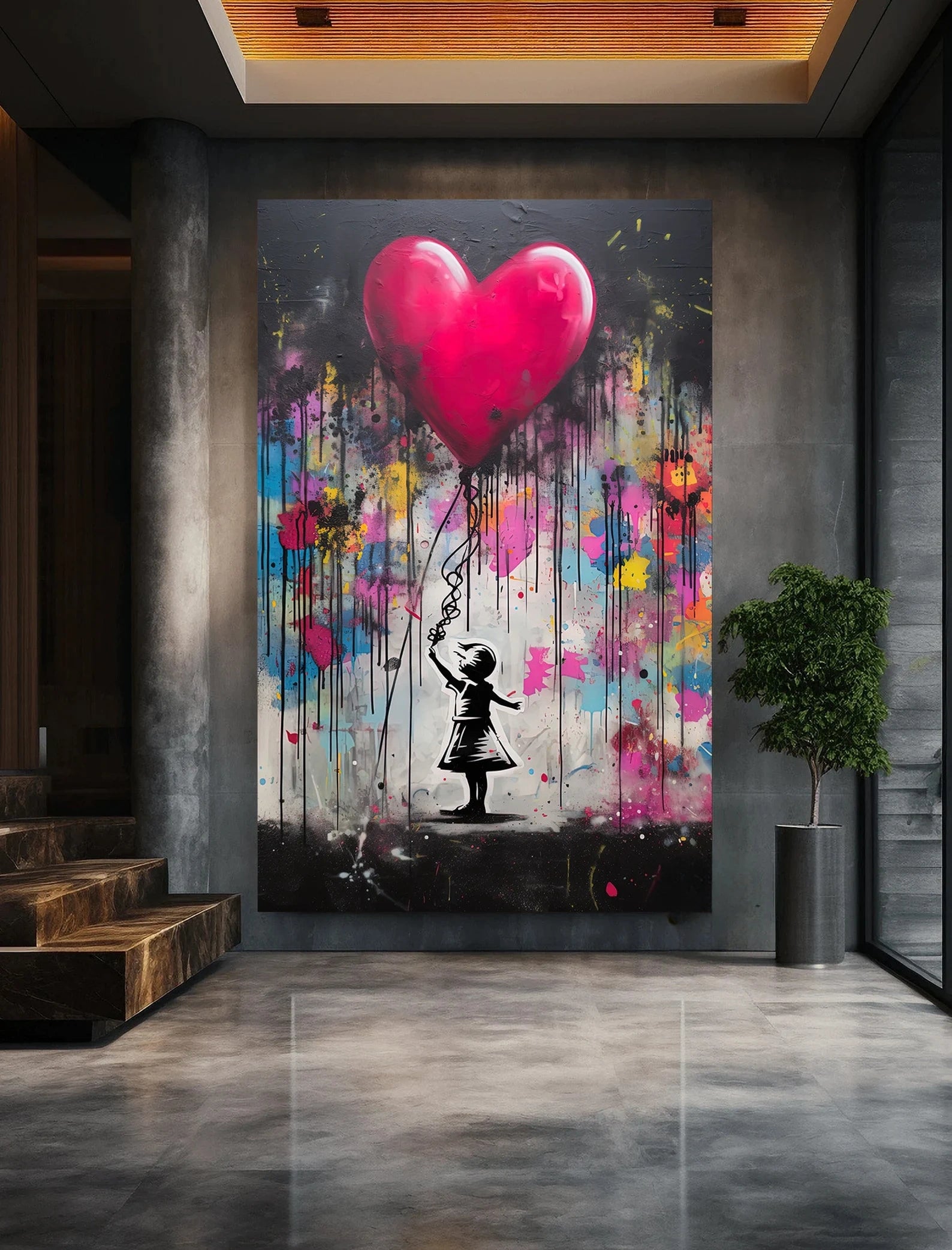 Girl With Heart Balloon Painting – Modern Street Art Canvas Wall Art#yy710003