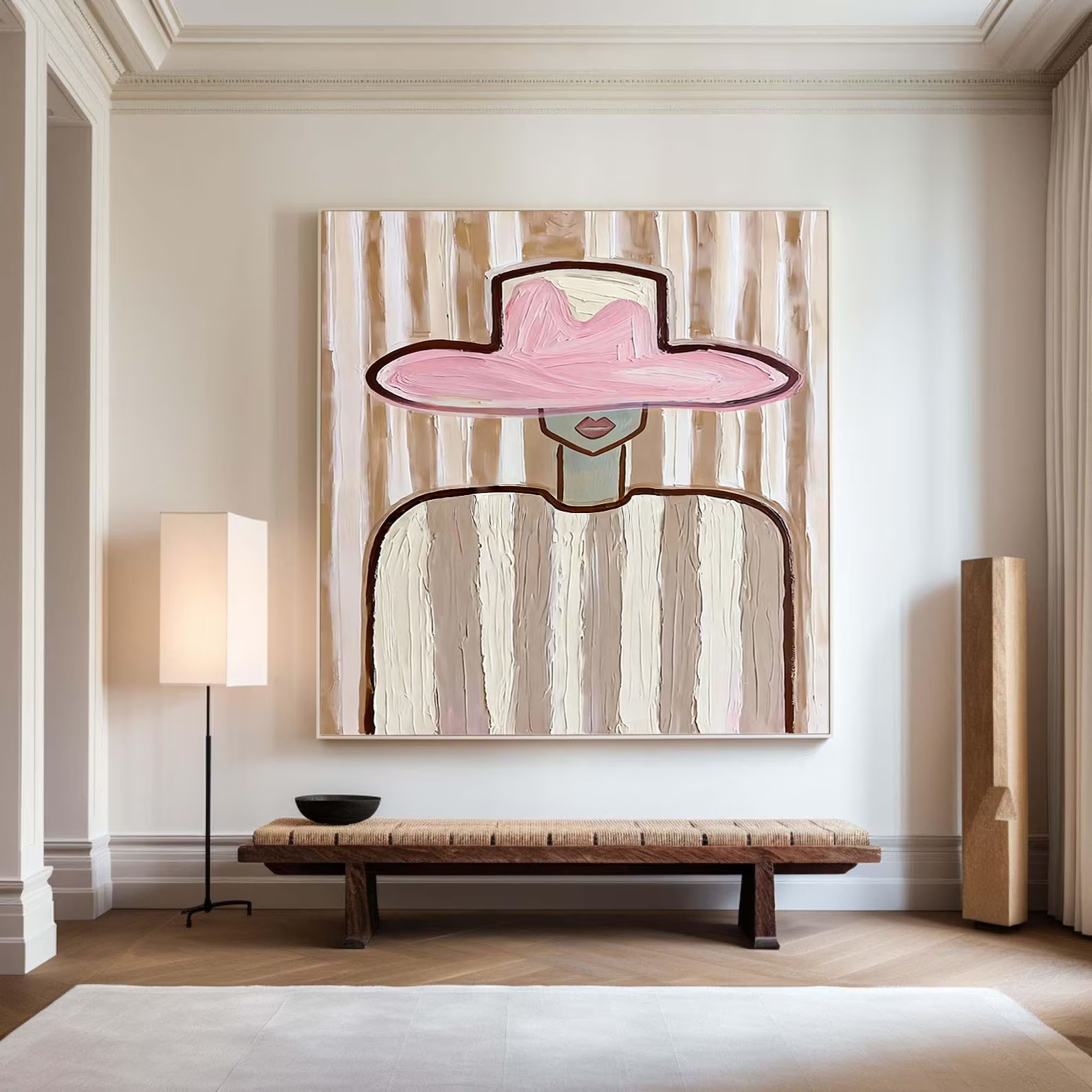 Pink Hat Woman Painting – Minimalist Feminine Wall Art#yy710050