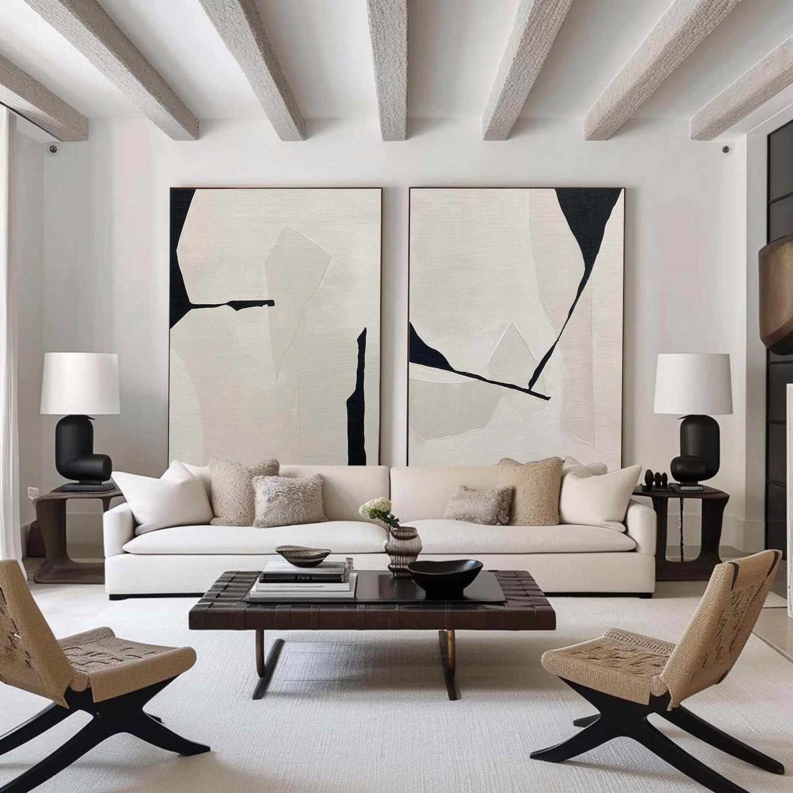 Black White Diptych Abstract Art – Minimalist Textured Wall Decor#yy710070