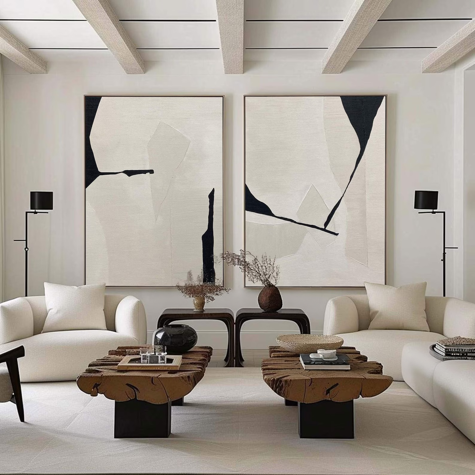 Black White Diptych Abstract Art – Minimalist Textured Wall Decor#yy710070