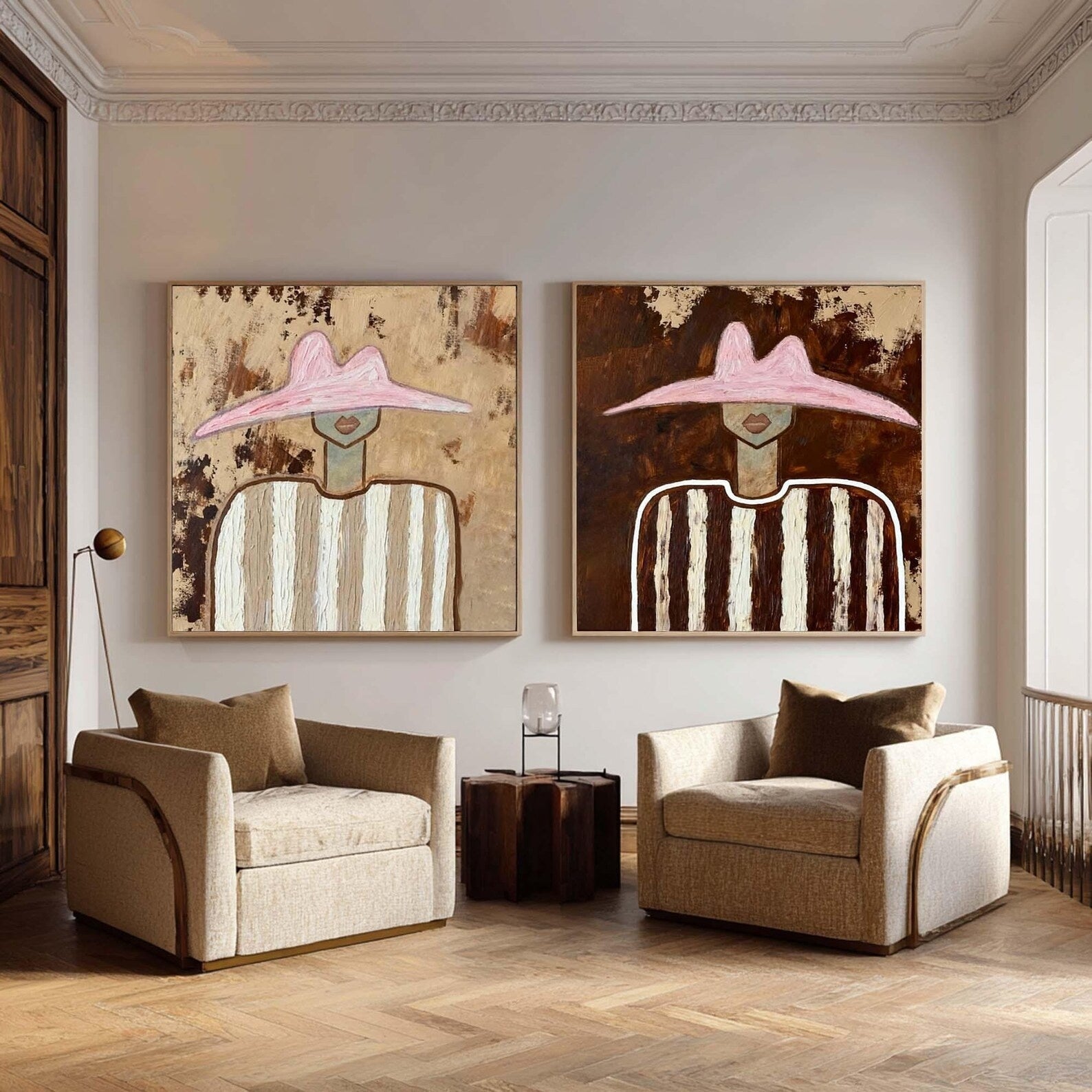 Pink Hat Portrait Diptych – Modern Abstract Wall Art#yy710072