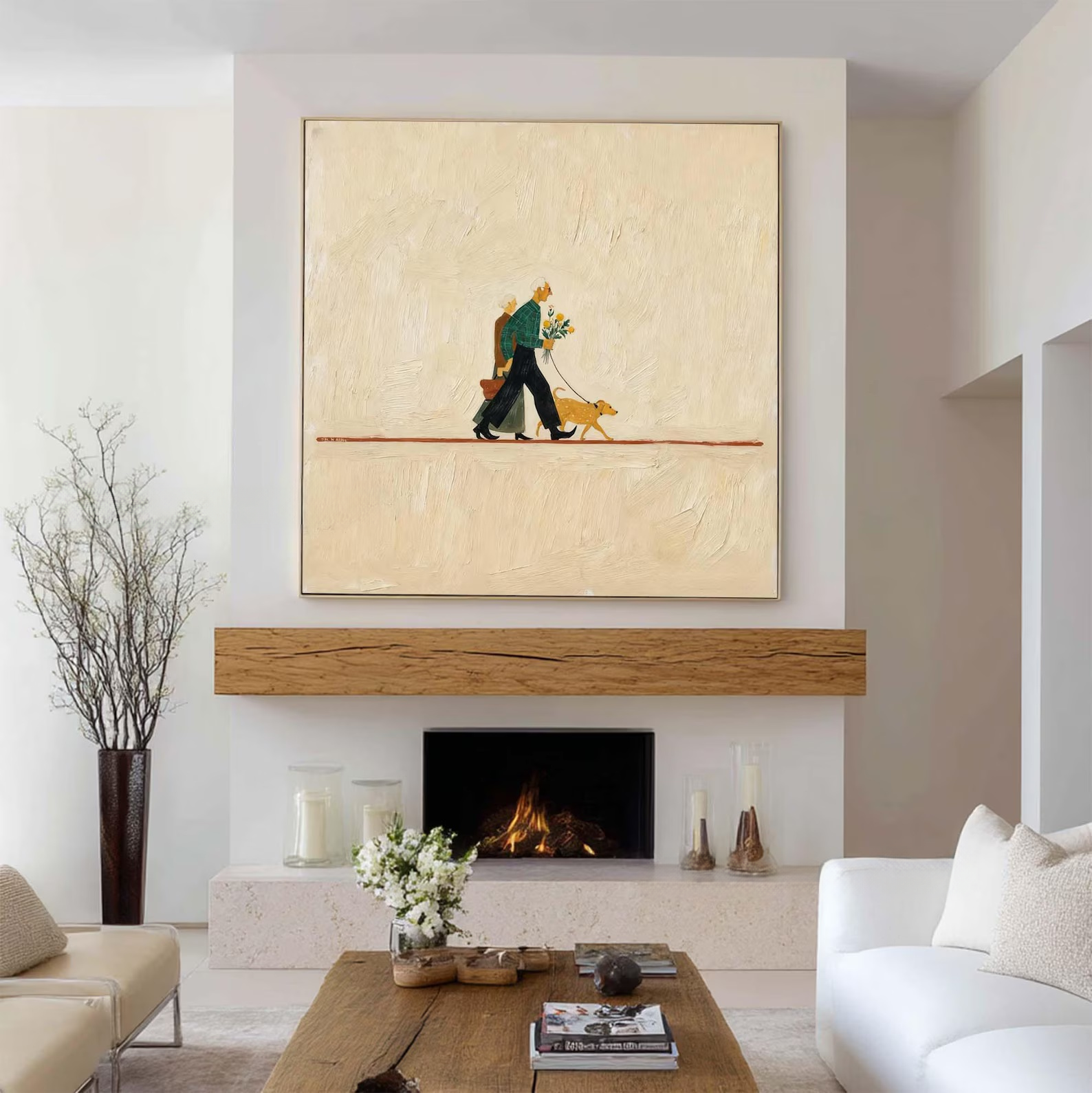 Couple Walking Dog Painting – Minimalist Lifestyle Wall Art#yy710056
