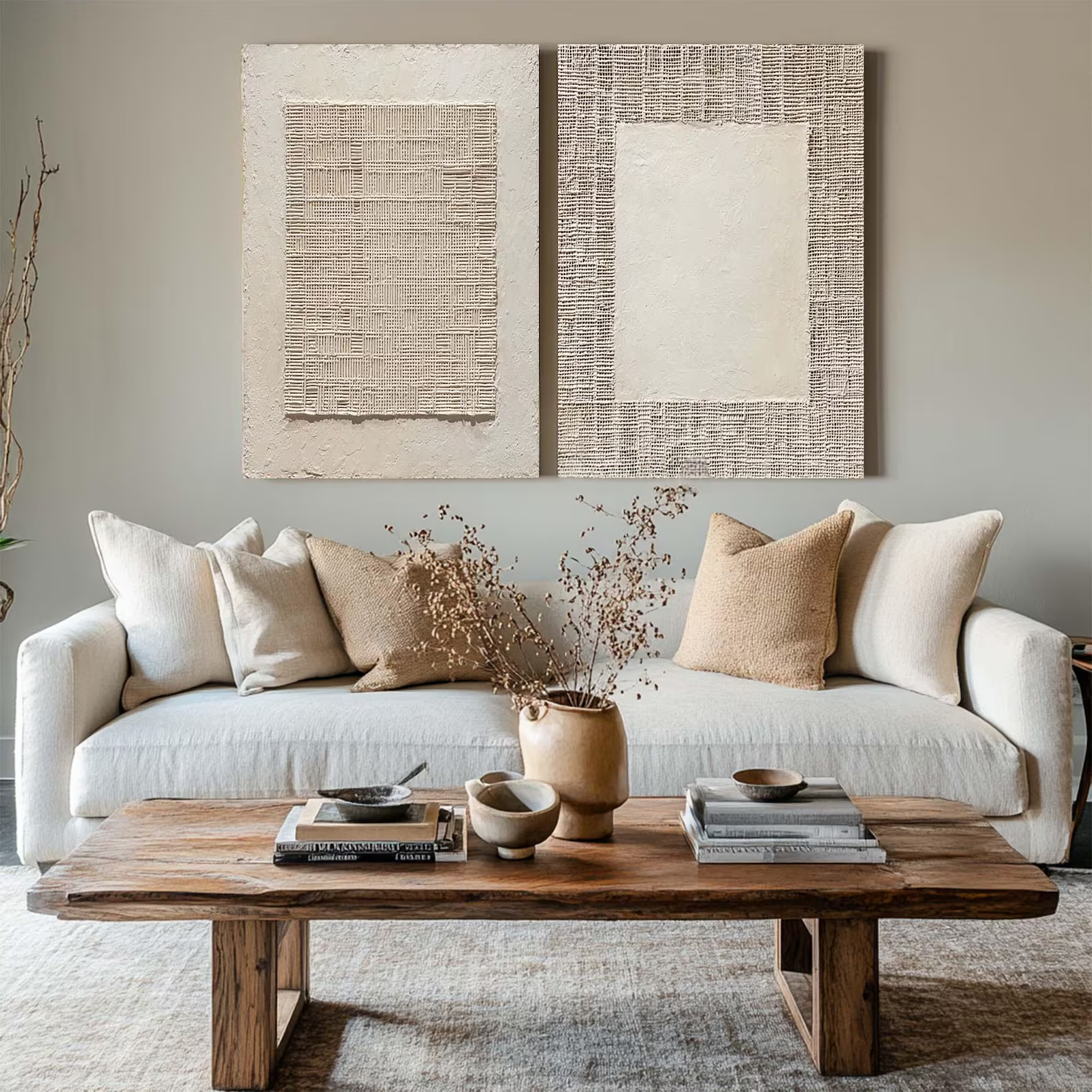 White Relief Diptych Art – 3D Textured Minimalist Wall Decor#yy710075