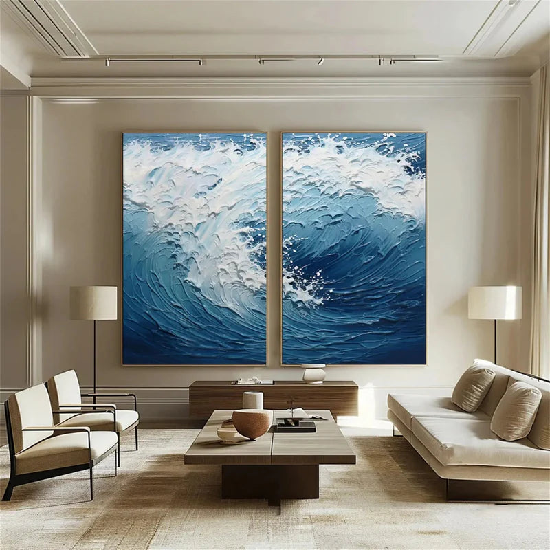 Ocean Wave Diptych – Textured Seascape Canvas Wall Art Set of 2#AB0519050