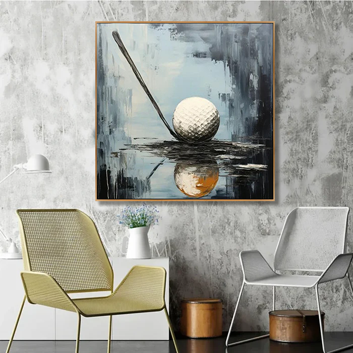 Golden Moment Golf Art Canvas-Abstract Texture Oil Painting Wall Art With Golf Theme