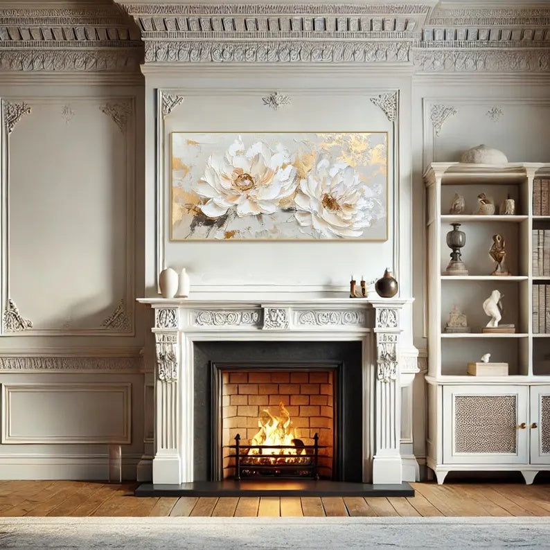 Golden Ivory Blossoms – Luxury Textured White Floral Painting with Gold Leaf Details#ab2056