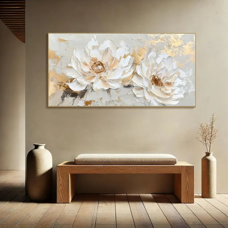 Golden Ivory Blossoms – Modern Hand-Painted 3D Floral Texture Wall Art