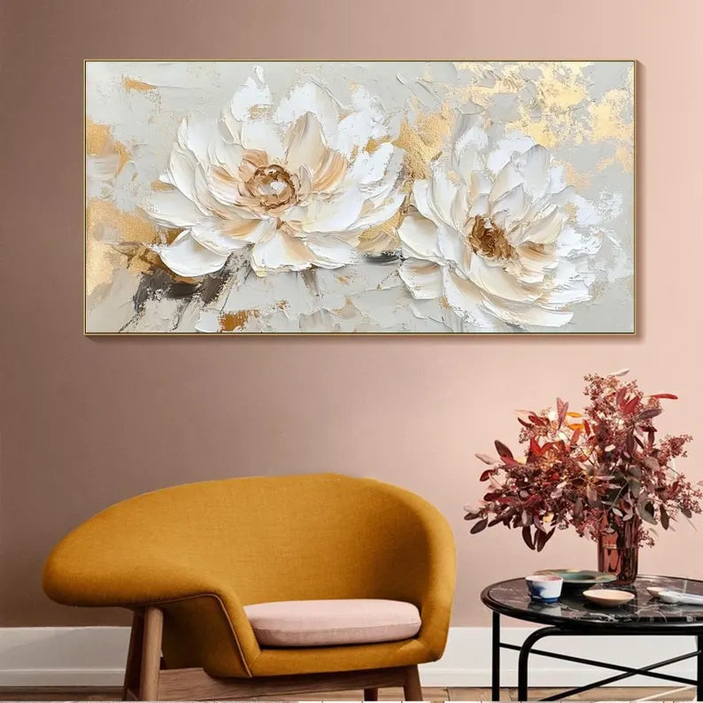 Golden Ivory Blossoms – Modern Hand-Painted 3D Floral Texture Wall Art