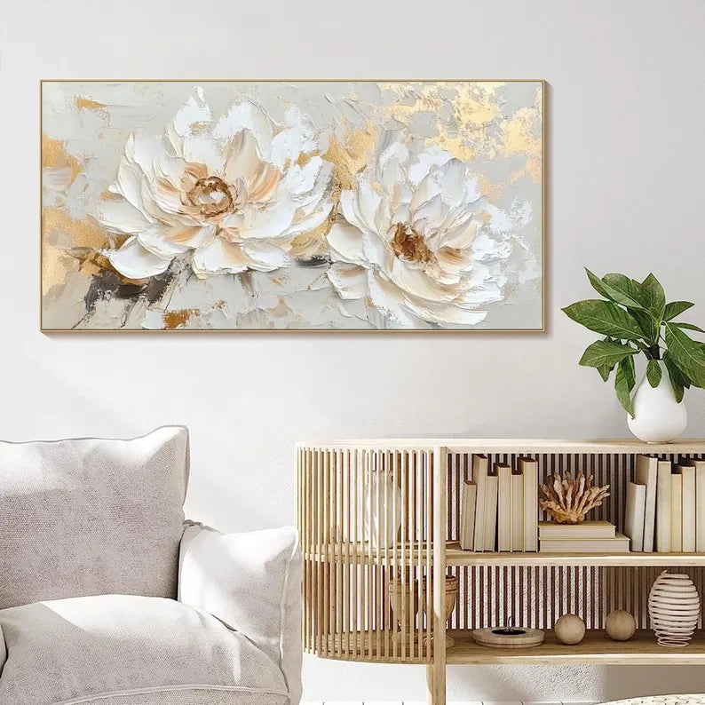 Golden Ivory Blossoms – Modern Hand-Painted 3D Floral Texture Wall Art