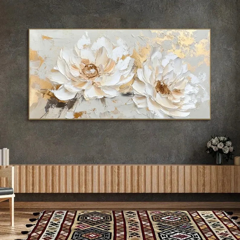 Golden Ivory Blossoms – Modern Hand-Painted 3D Floral Texture Wall Art