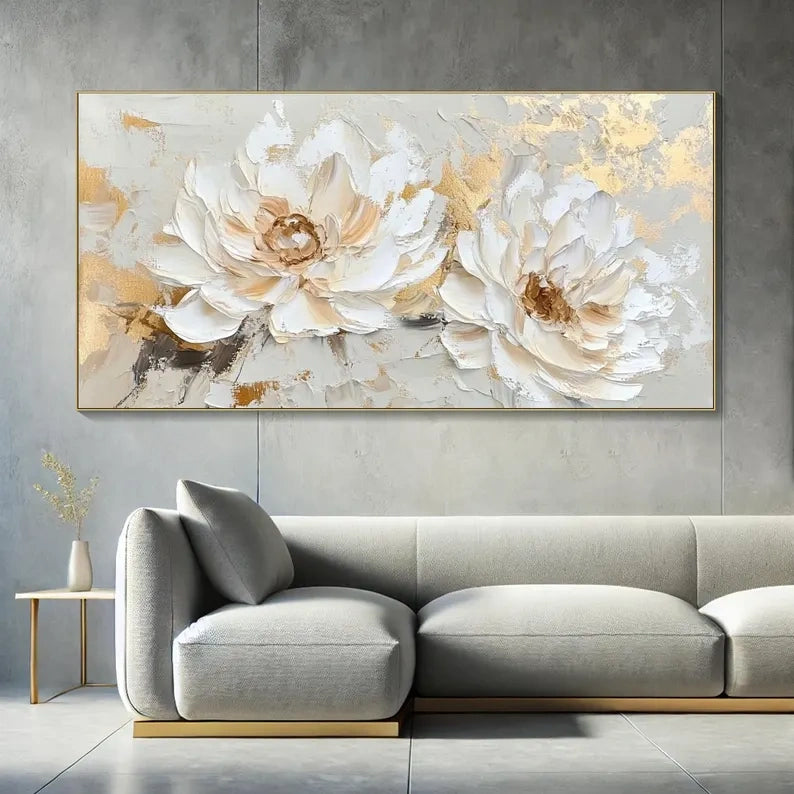 Golden Ivory Blossoms – Modern Hand-Painted 3D Floral Texture Wall Art
