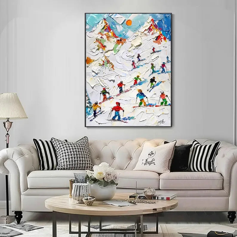 Skiers on Snow-3D Skiing Sport Art Plaster Style Textured Wall Art - artextured