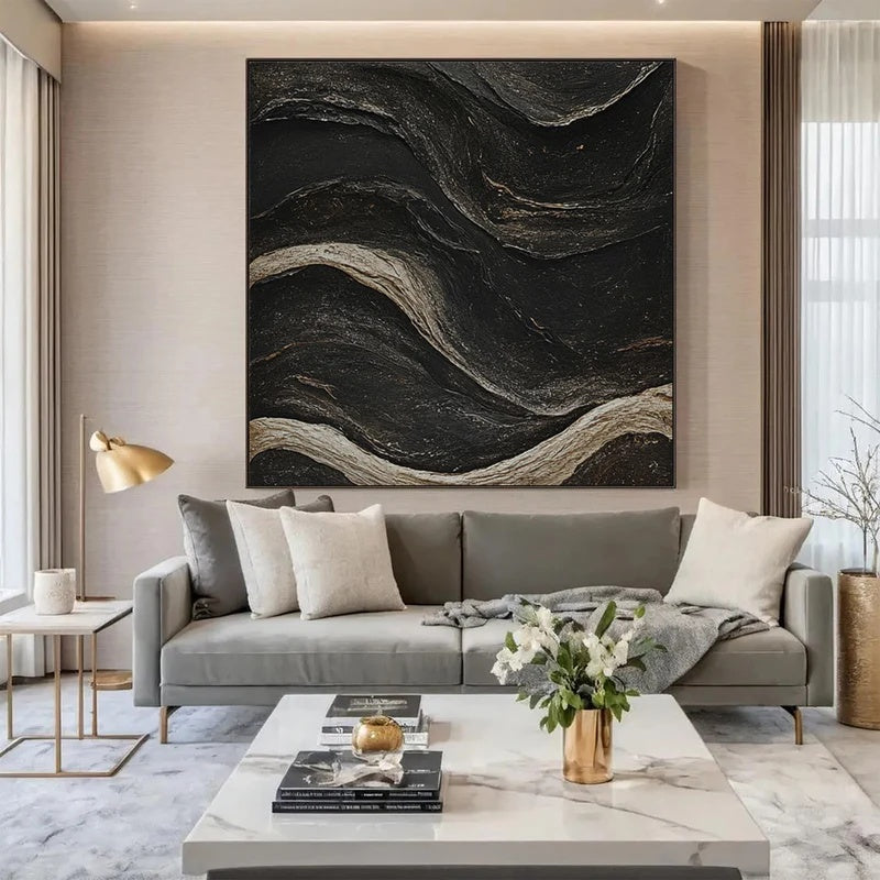 Obsidian Current – Large Textured Modern Abstract Wall Art#AB14148