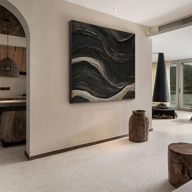 Obsidian Current – Large Textured Modern Abstract Wall Art#AB14148