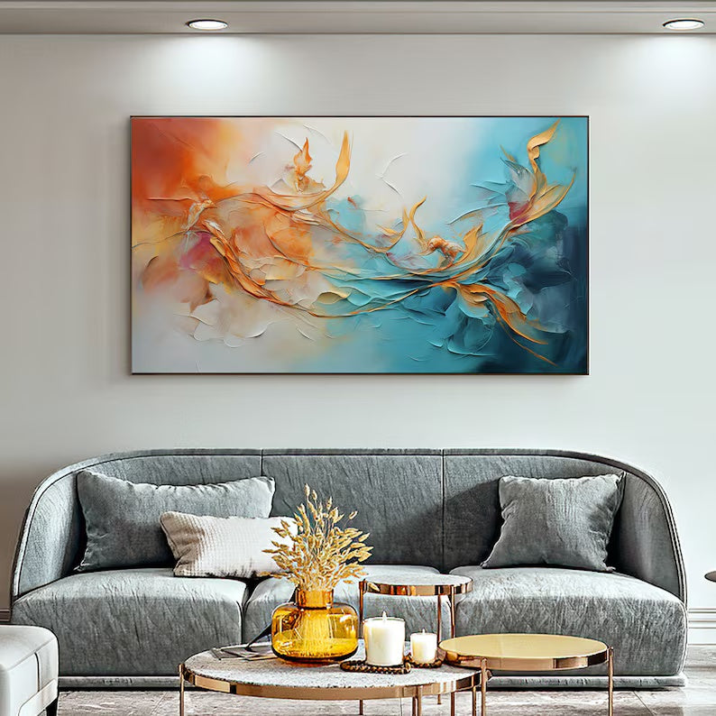 Dancing Currents – Textured Orange and Teal Abstract Wall Art