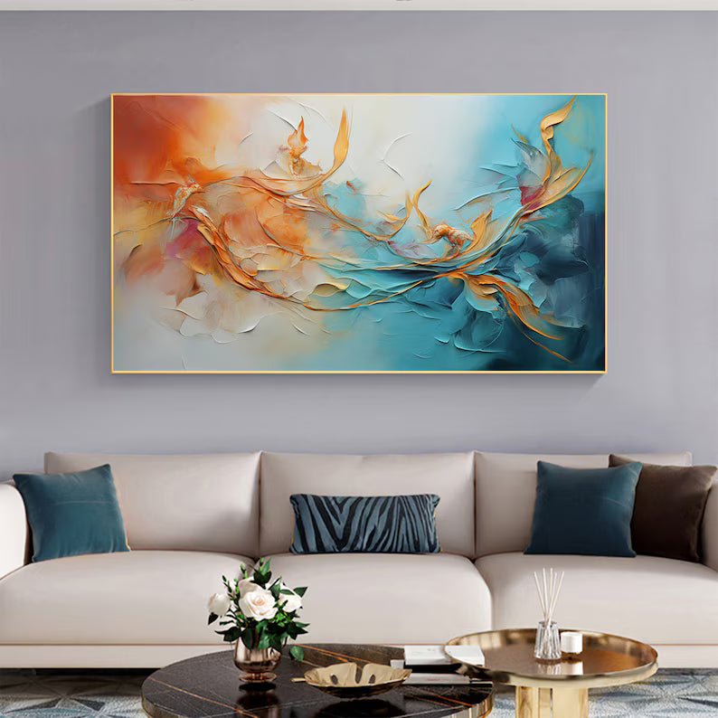 Dancing Currents – Textured Orange and Teal Abstract Wall Art