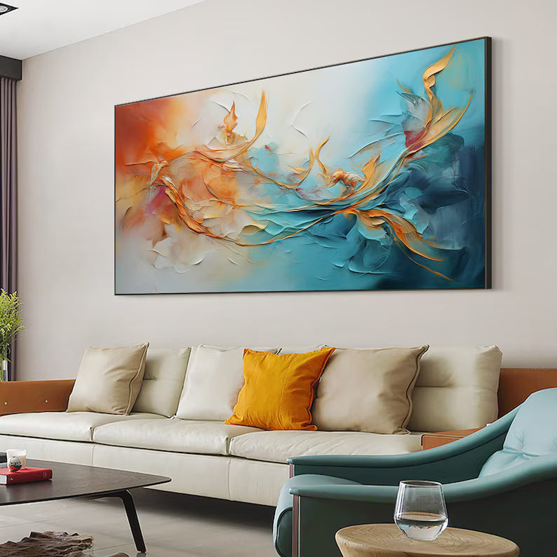 Dancing Currents – Textured Orange and Teal Abstract Wall Art