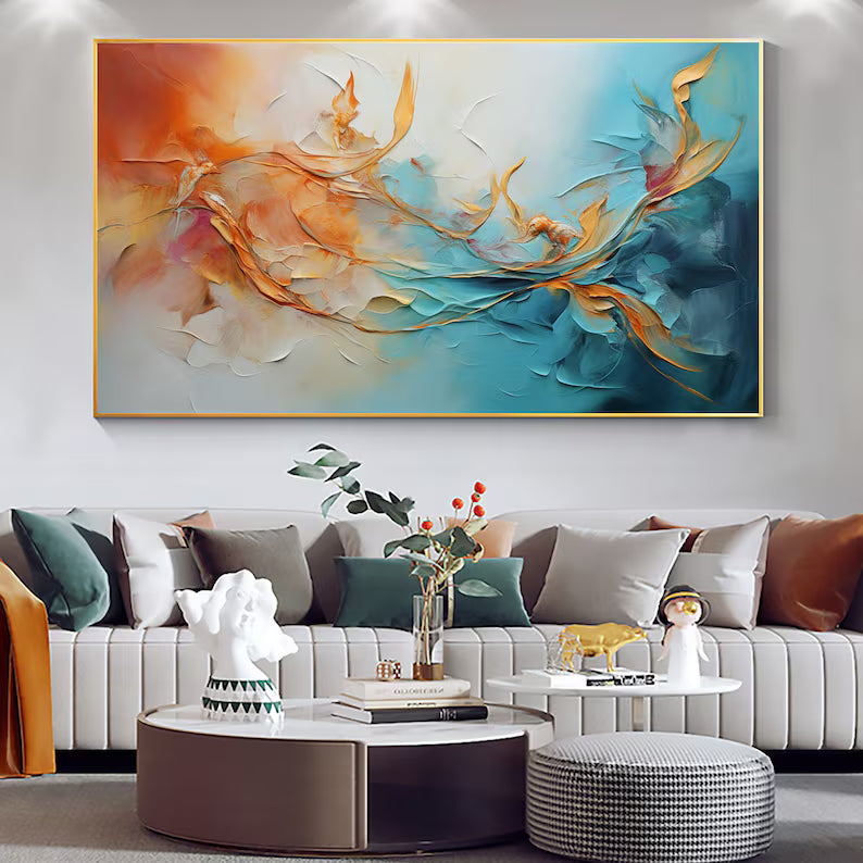 Dancing Currents – Textured Orange and Teal Abstract Wall Art