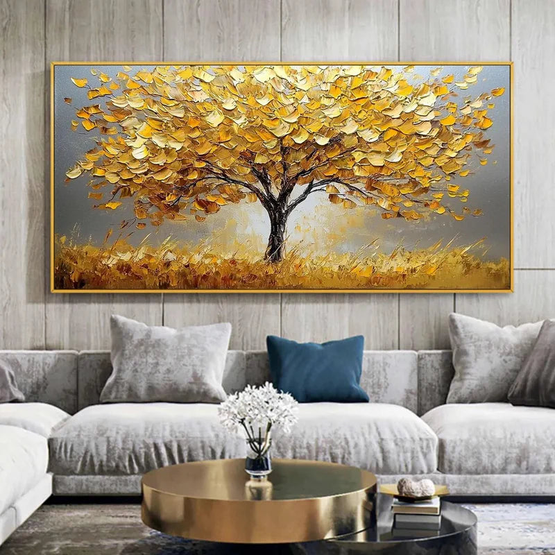 Golden Autumn Textured Oil Painting – 3D Golden Tree Wall Art#AB0519064