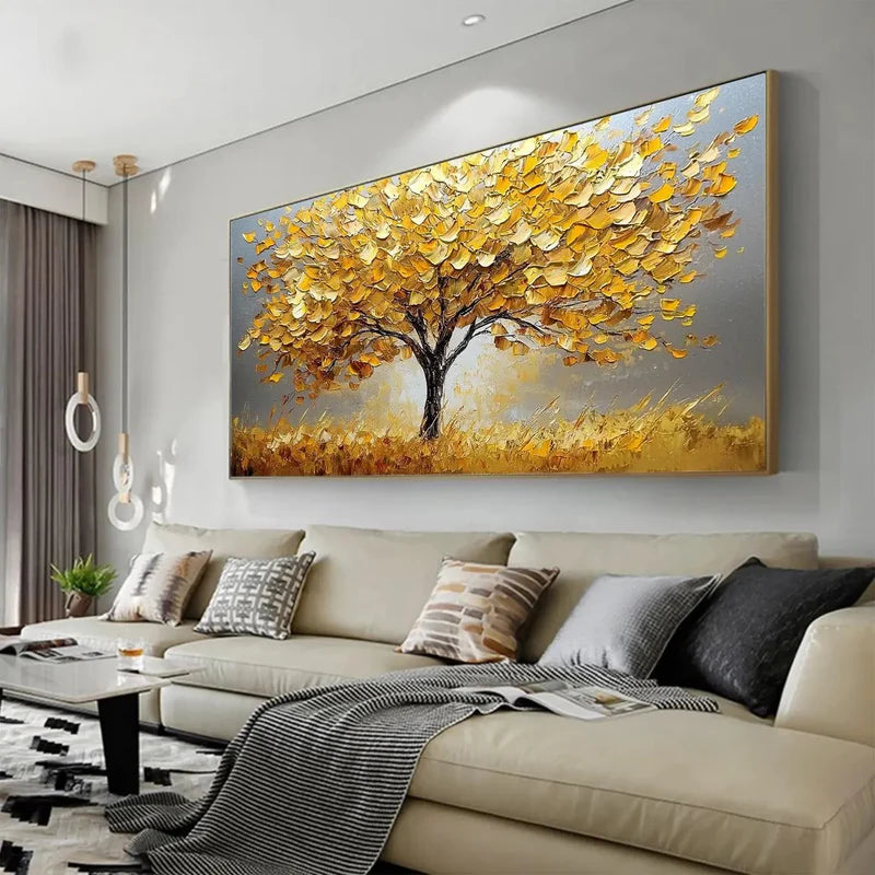 Golden Autumn Textured Oil Painting – 3D Golden Tree Wall Art#AB0519064