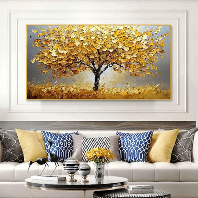 Golden Autumn Textured Oil Painting – 3D Golden Tree Wall Art#AB0519064