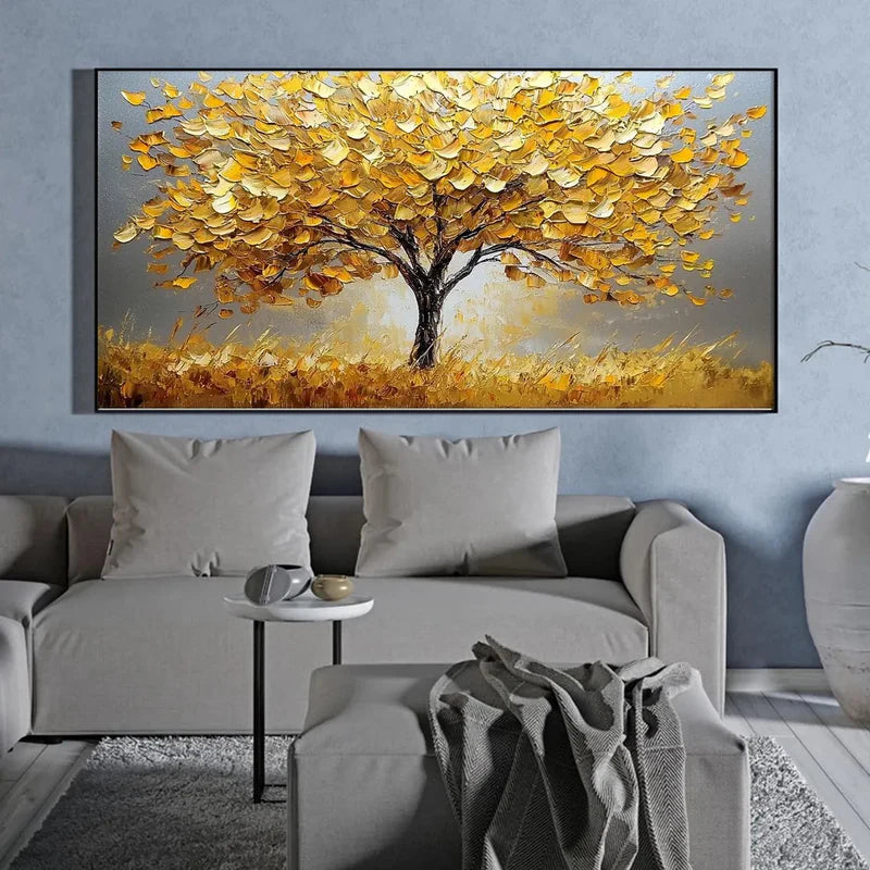 Golden Autumn Textured Oil Painting – 3D Golden Tree Wall Art#AB0519064