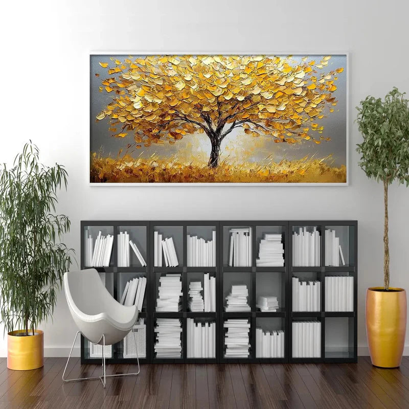 Golden Autumn Textured Oil Painting – 3D Golden Tree Wall Art#AB0519064