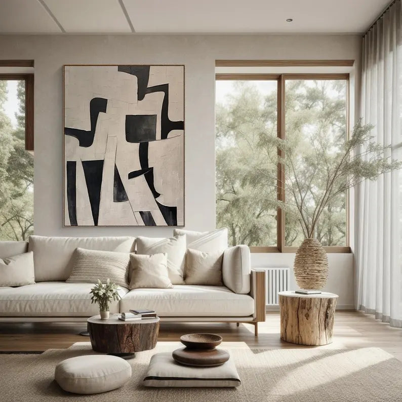 Monochrome Geometry – Textured Black and Neutral Abstract Wall Art