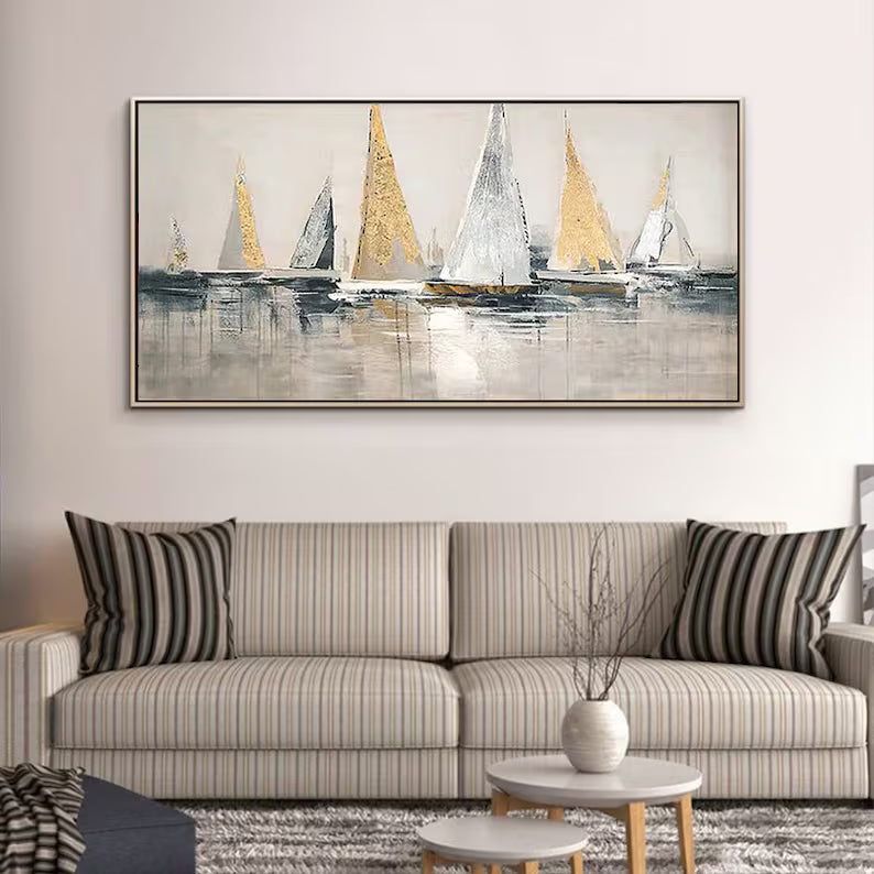 Golden Sails – Textured Abstract Sailboat Canvas Wall Art
