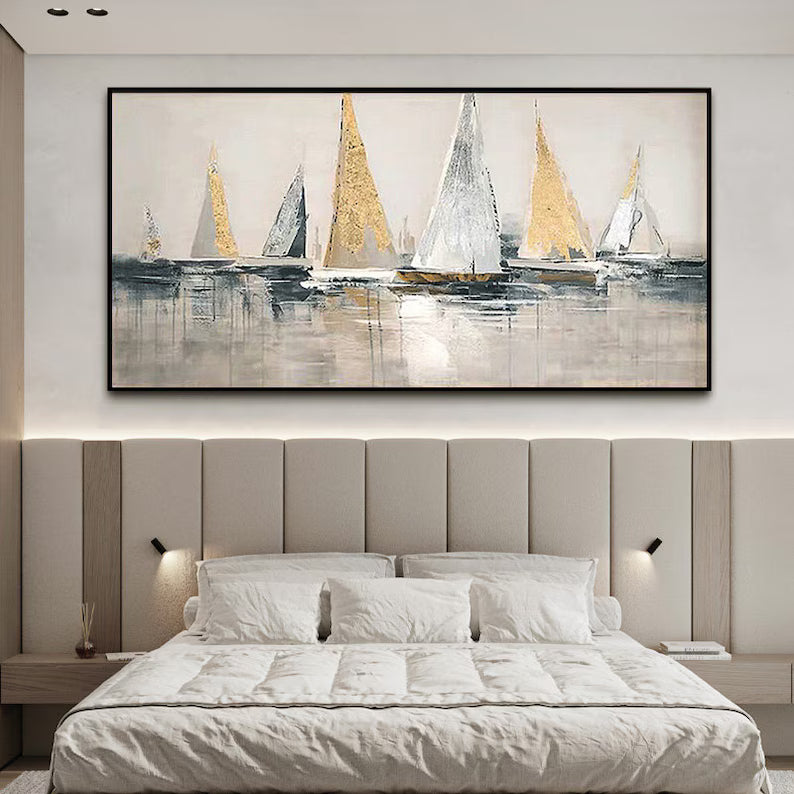 Golden Sails – Textured Abstract Sailboat Canvas Wall Art