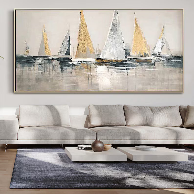 Golden Sails – Textured Abstract Sailboat Canvas Wall Art