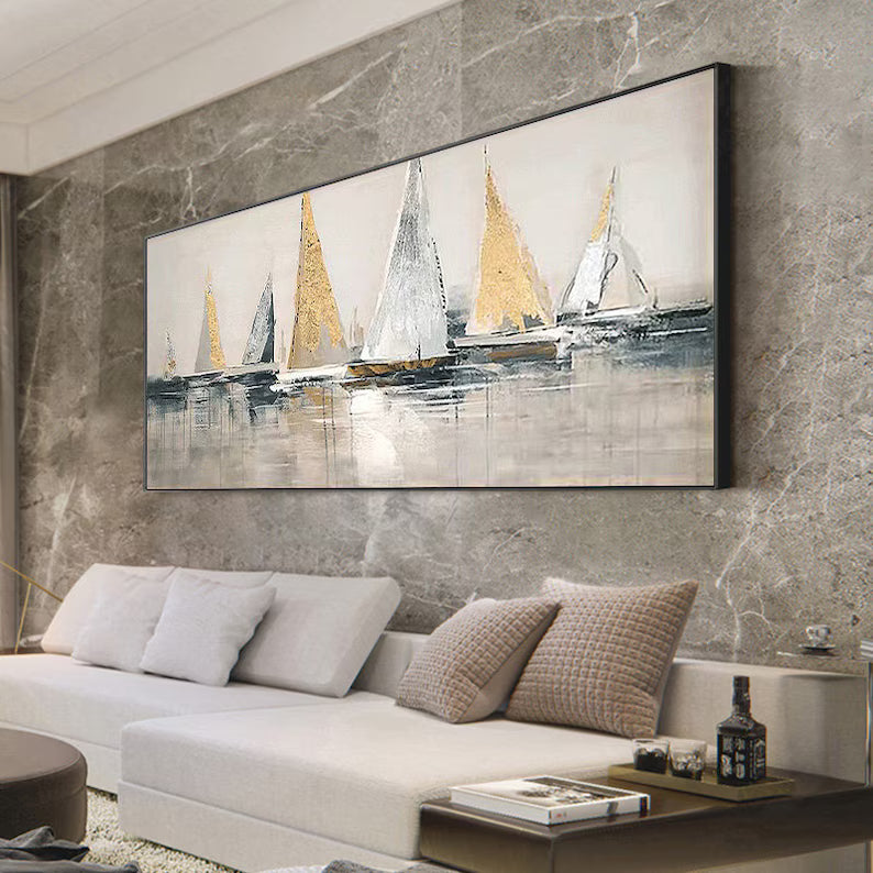 Golden Sails – Textured Abstract Sailboat Canvas Wall Art