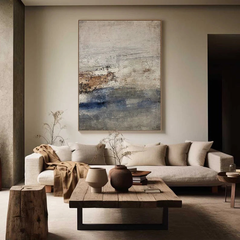 Calm Shoreline – Textured Blue Neutral Wabi-Sabi Abstract Art