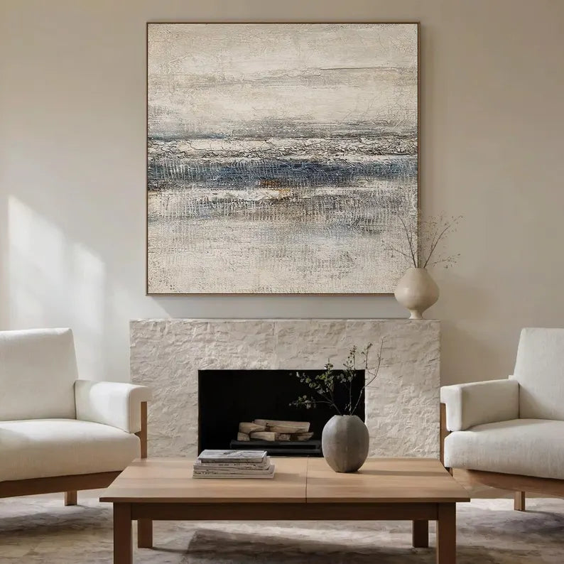 Misty Horizon – Blue Gray Textured Wabi-Sabi Abstract Canvas Art