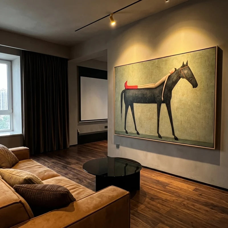 Dream Rider Black Horse Wall Art – Surreal Figurative Painting#yy825001