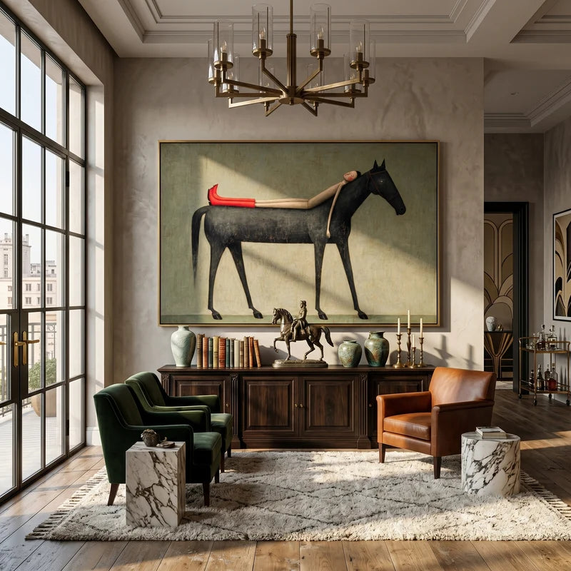 Dream Rider Black Horse Wall Art – Surreal Figurative Painting#yy825001
