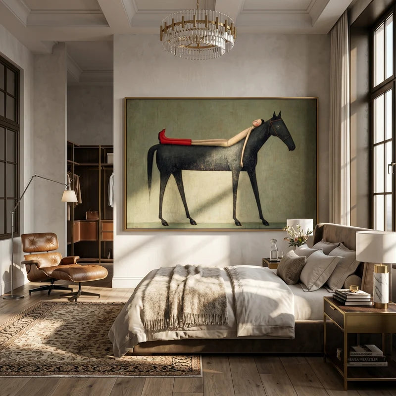 Dream Rider Black Horse Wall Art – Surreal Figurative Painting#yy825001
