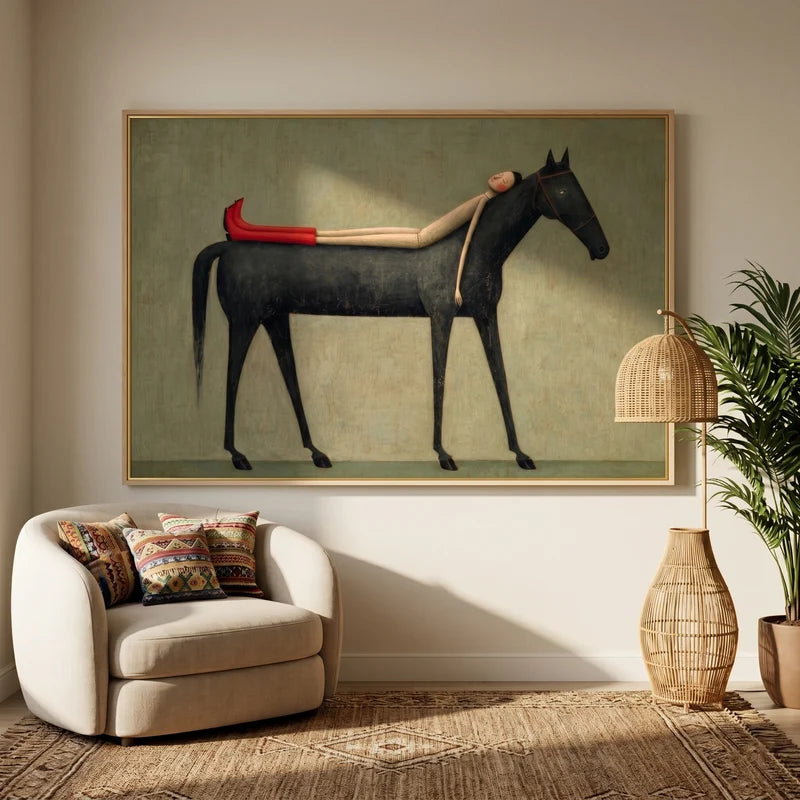 Dream Rider Black Horse Wall Art – Surreal Figurative Painting#yy825001