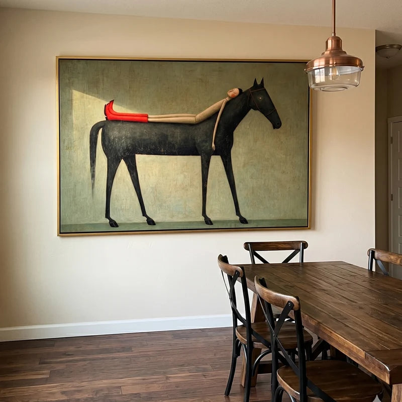 Dream Rider Black Horse Wall Art – Surreal Figurative Painting#yy825001