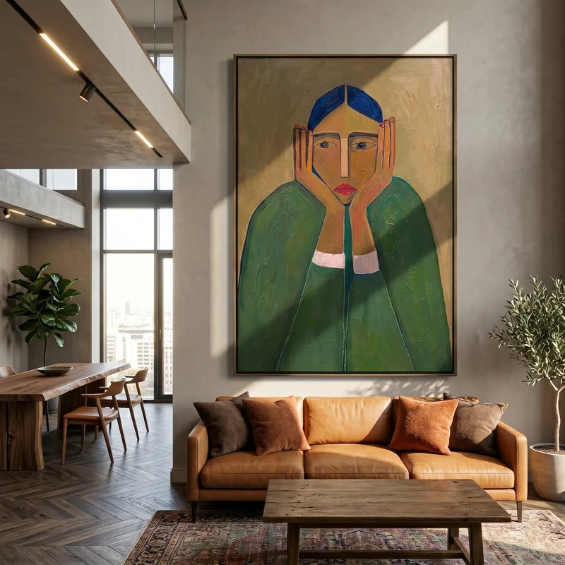 Contemplative Woman Portrait Wall Art – Green Expressionist Painting#yy825002
