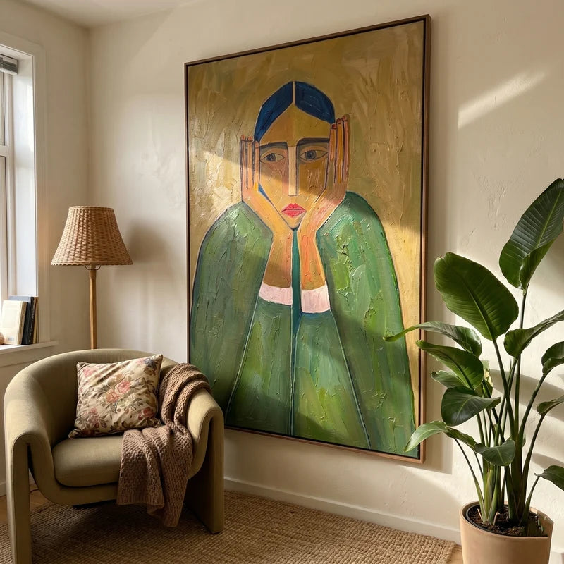 Contemplative Woman Portrait Wall Art – Green Expressionist Painting#yy825002